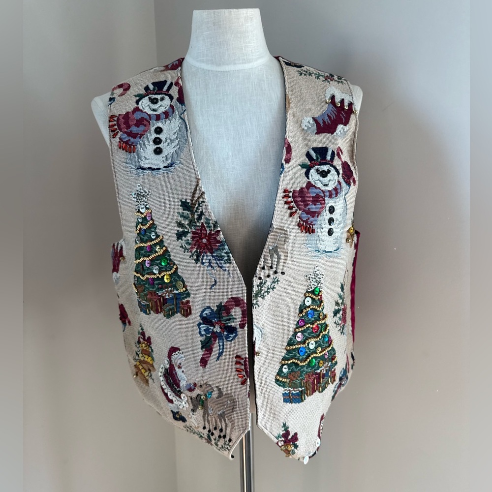 Ugly Christmas Sweater Holiday Tapestry Vest with Snowman and Christmas Tree